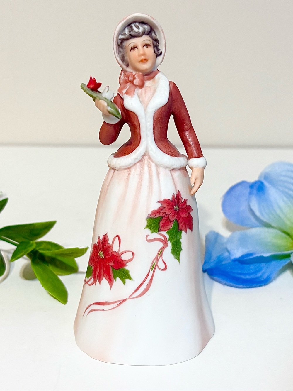Vintage Enesco 1980s Victorian Lady Bell-Winter Bonnet w Red Poinsettia-December